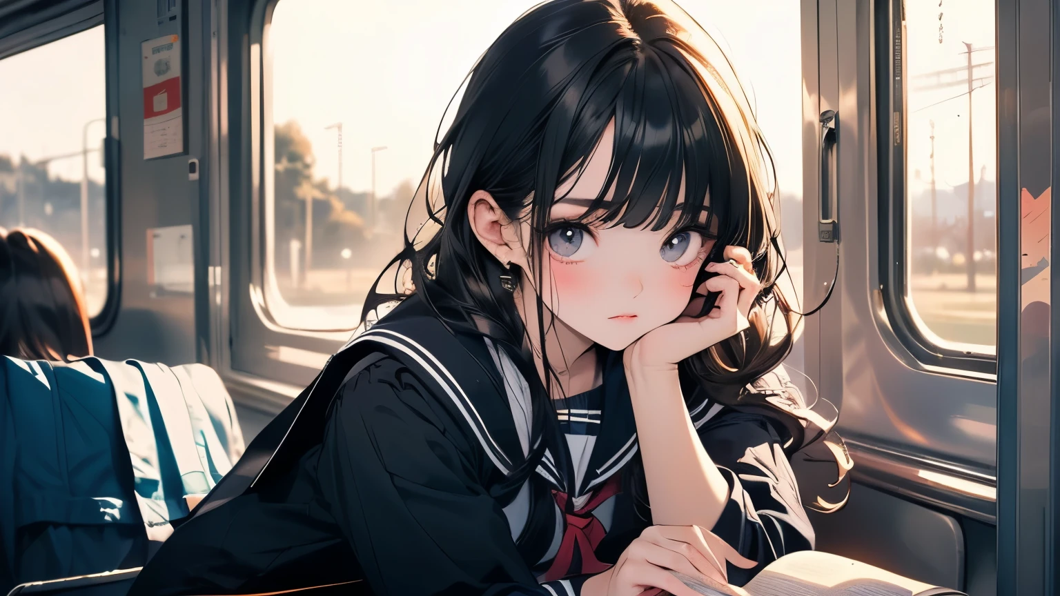 ((Beautiful schoolgirl:1.5),High resolution, highest quality),Wearing a sailor uniform,Super detailed, Big bright eyes, dark and brilliant curly hair, Sad look, Rosy Cheeks, Soft Light, Pure white background. riding a train,Reading a book,whole body,Attractive legs,whole body