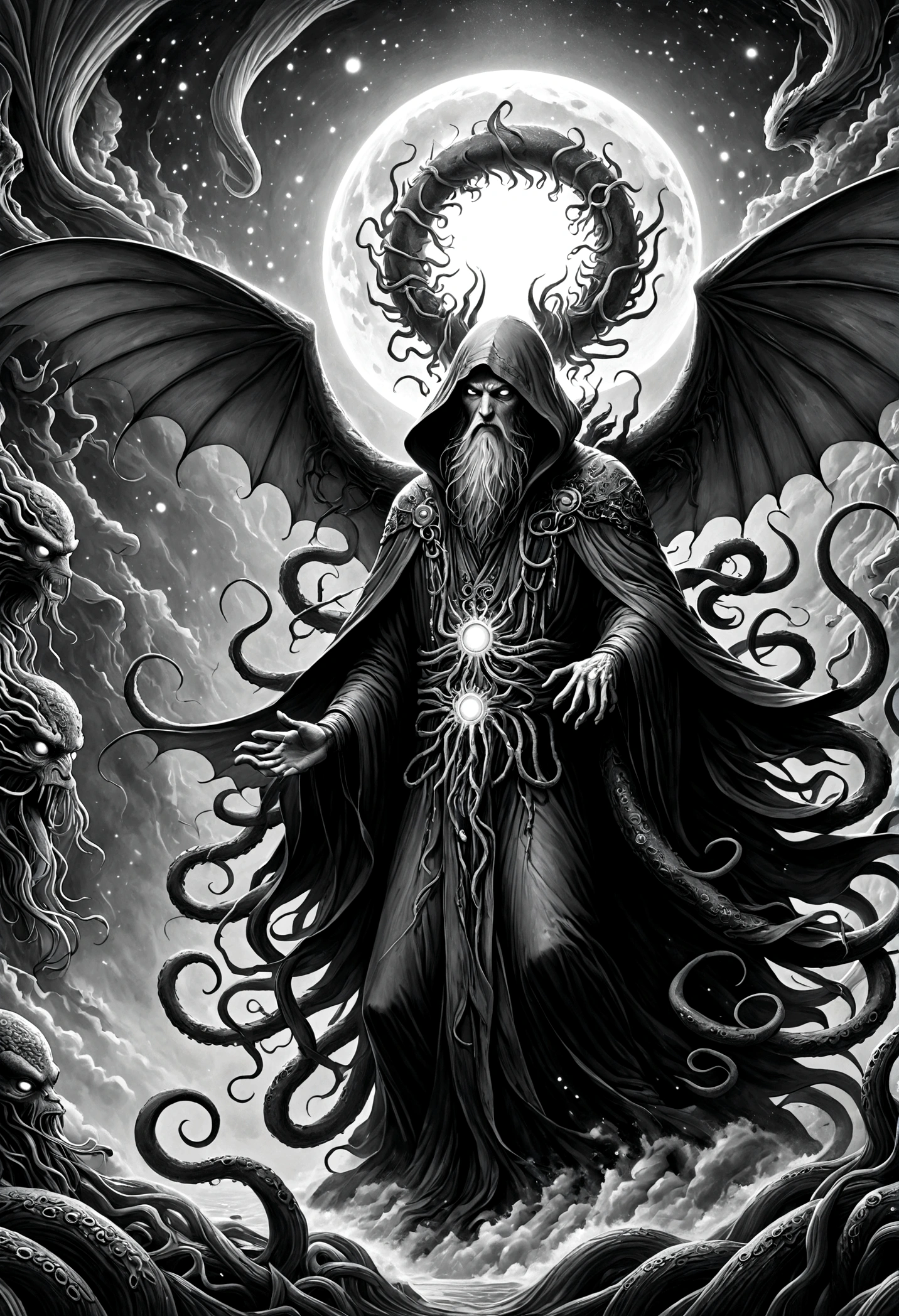a terrifying ancient eldritch entity, cthulhu mythos, cosmic horror, long tentacles, wings, divine and demonic form, cloak, contrast, relativity, quantum mechanics, abyss, nightmarish existence, insane, bizarre, (best quality,4k,8k,highres,masterpiece:1.2),ultra-detailed,(realistic,photorealistic,photo-realistic:1.37),dark moody atmosphere, cinematic lighting, dramatic shadows, muted colors, chiaroscuro,Transition from black and white on the left half to bright colors on the right half,Ensure seamless integration between the two halves,No dividing line,The scene is the same on both sides,Black and white pencil detail on left side,Right fill color,The mixture formed in the whole image,Perfect details, animation art style, Large murals, Strong contrast between light and dark