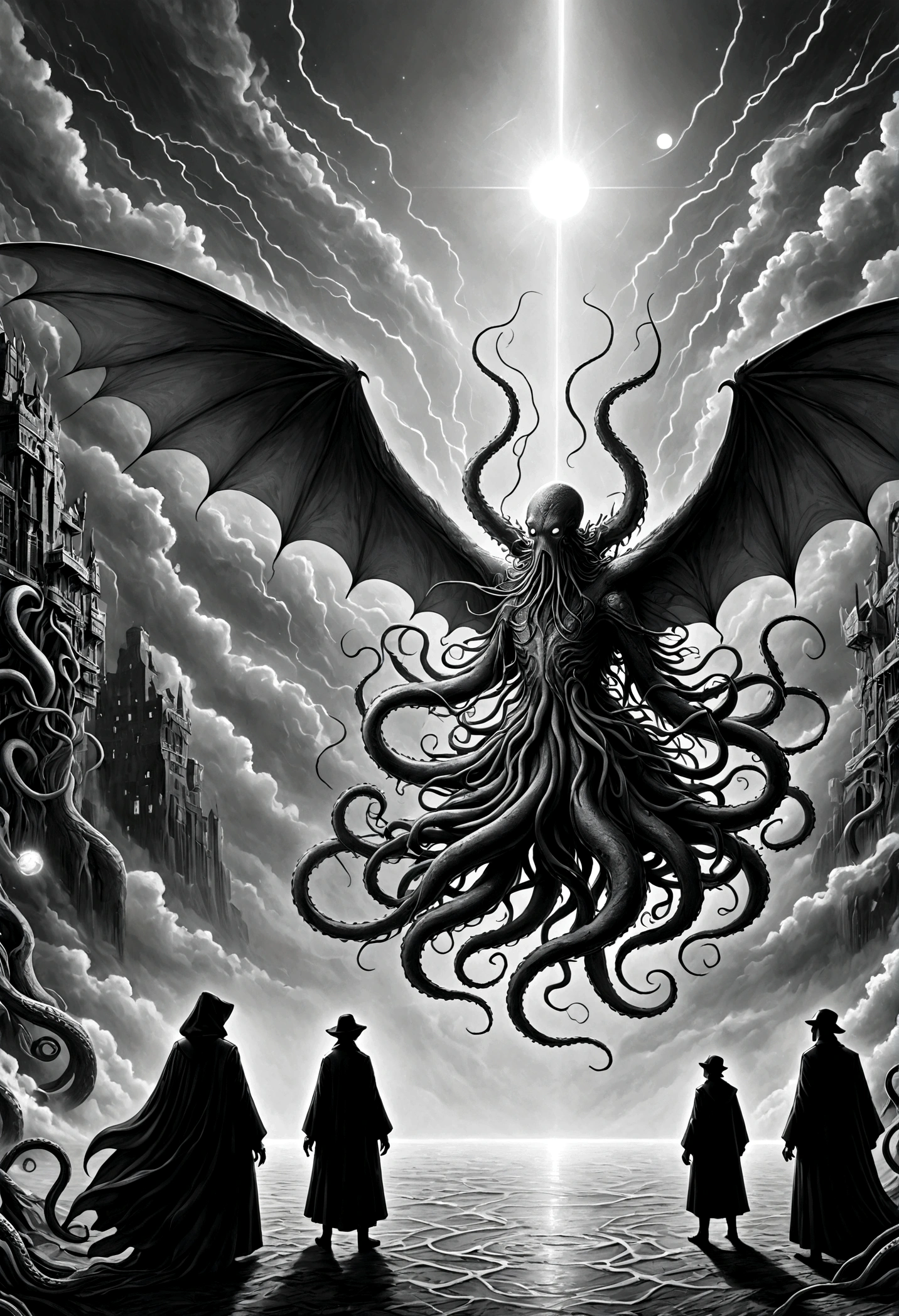 a terrible ancient and supernatural entity, cthulhu myth, cosmic terror, Long tentacles, wings, divine and demonic form, layer, sharp contrast, relativity, quantum mechanics, abyss, nightmare existence, Insane, bizarro, dark and moody atmosphere, cinematic lighting, dramatic shadows, subdued colors, Bright dark,Transition from black and white on the left half to bright colors on the right half,Ensure seamless integration between the two halves,no dividing line,The scene is the same on both sides,Black and white pencil detail on the left side,Right fill color,The mixture formed throughout the image,detalhes perfeitos, Animation Art Style, Large murals, Strong sharp contrast between light and dark