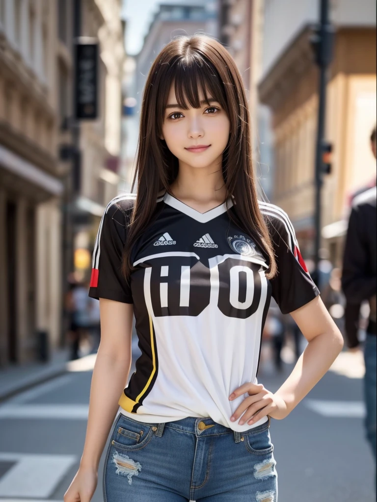 (8k, RAW Photos, highest quality, masterpiece:1.2), (Realistic, photo-Realistic:1.4), (Highly detailed 8k wallpaper), ((Full Body Shot)), (1 girl), Sharp focus, Depth of written boundary, Cinematic lighting, Soft Light, 緻密な美しさのeye, eye_Chan, Very beautiful 17 year old girl, innocent big eyes, Realistic, photo Realistic, Highly detailed cute girl, (Thin thighs), (Model Body Type), 18-year-old, (((Germany national soccer team jersey))), (Distressed vintage long denim pants), (((Fold your arms in front of your chest and act arrogantly))), ((A happy smile)), Parted lips, Watching the audience, (On the streets of New York) , (Brown Hair),（Long Bob Hair), (Asymmetrical bangs)