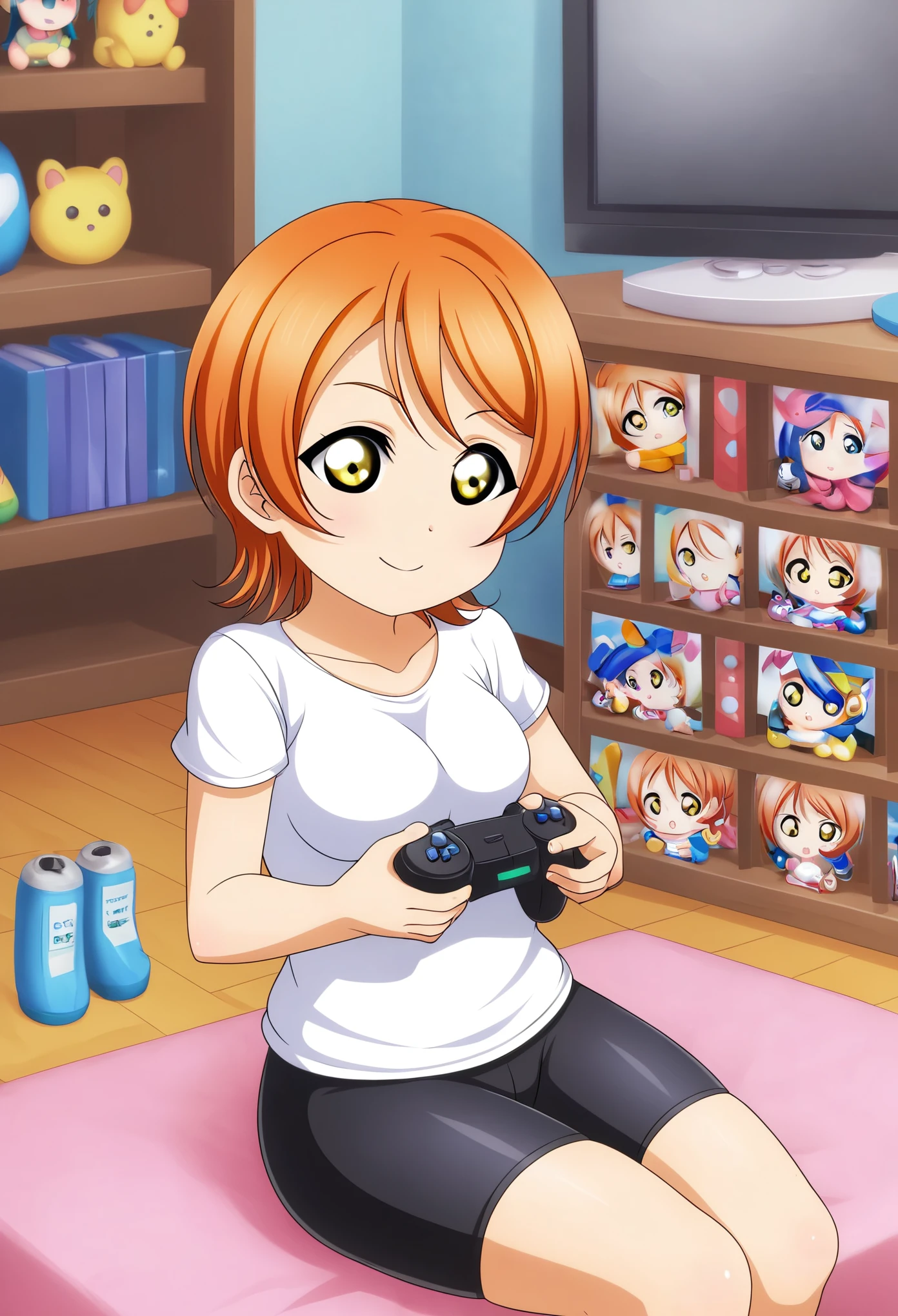 Masterpiece, best quality,Hoshizora rin,solo ,yellow eyes, short hair,orange hair, White Top,Bike shorts, sitting, chibi, game_controller, playing_games, game_console, video_game ,love live style, closed mouth