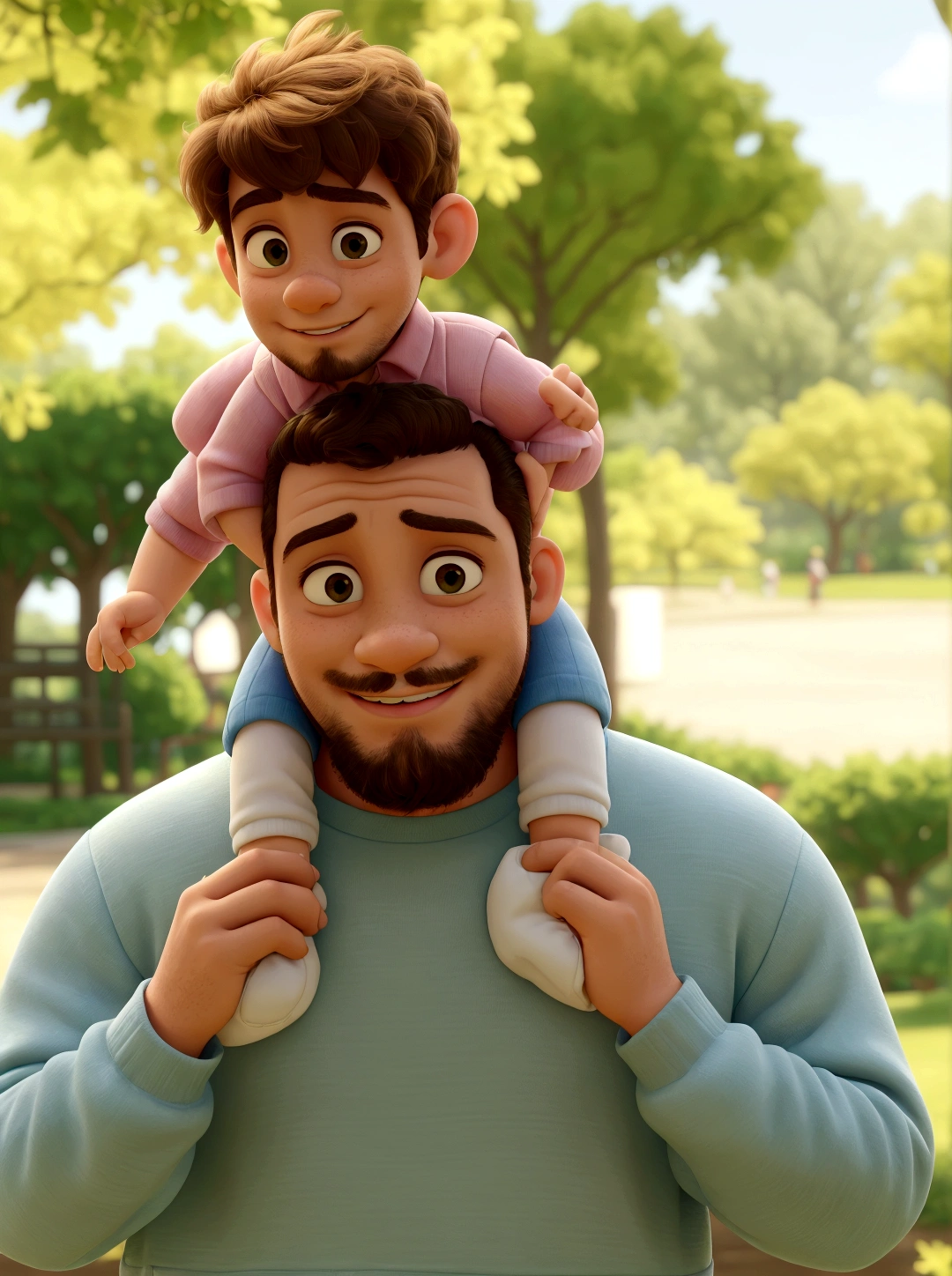 arafed man holding a on his shoulders in a park, father with, caring fatherly wide forehead, father has fade haircut, he is wearing light green sweatshirt, baby is wearing pink collar shirt with blue shorts, baby wearing white shoes, father holding kid's shoes, at the park, father, with a cute kid, daddy/fatherly, portrait image, on a sunny day, beautiful man, bright sunny day, celebrating, at the park on a beautiful day