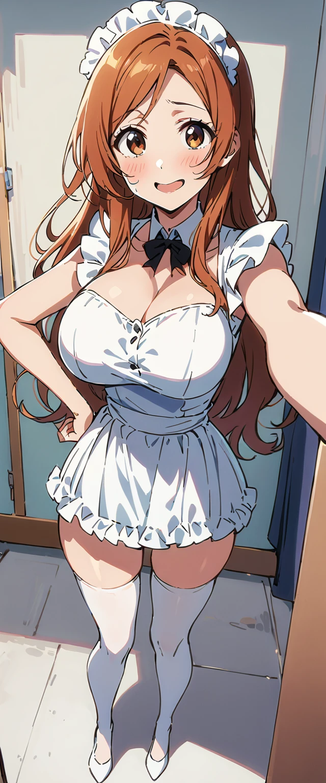 Orihime Inoue,young,fullbody,looking at viewer,looking pityfully,high res,high quality, masterpiece , white heels, bedroom,sfw,mocking smile, white nails,white heels, full body,sexy,housemaid clothing, white stockings,woman with large breasts,making selfie in mirror, hand on hip, laughing, blush on face ,up her skirt a little to see thong,lifts her skirt a little to show her thong,thong