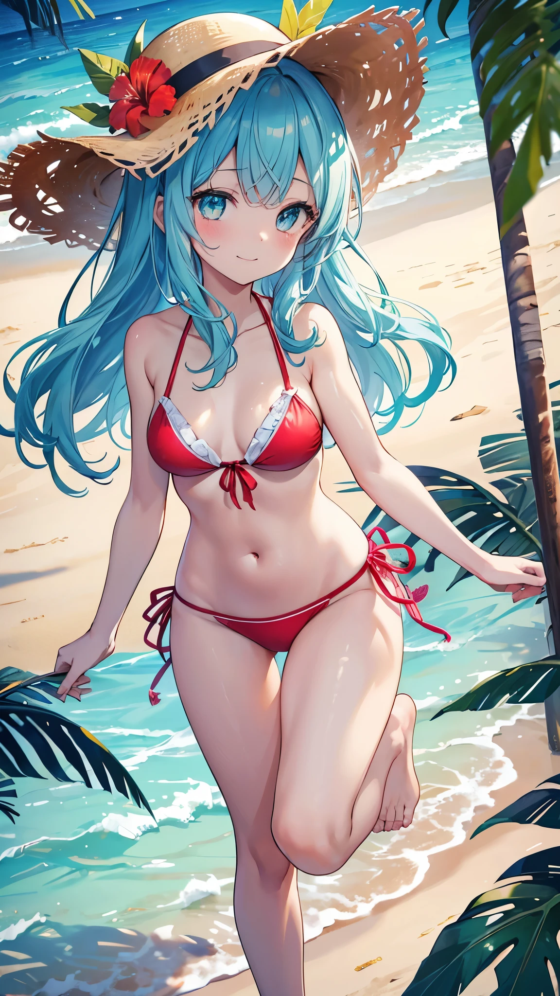 cutelittlegirl, chibi, aqua hair, wearing red bikini, beach masterpiece, best quality, 8k resolutions, blunt bangs, long hair, blue eyes, hair ornaments
