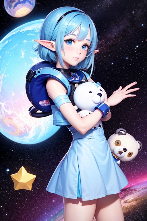 Close-up photo of a young woman, Cartoon girl in space suit with teddy bear, Vertical Anime Skirt, astronaut girl image, Molly Area, Star Guardian inspired, Short light blue hair, blue eyes, Elf race, 