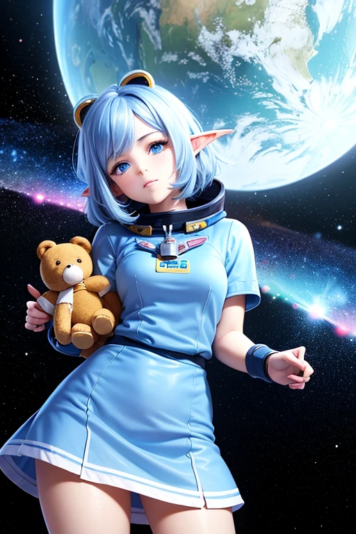 Close-up photo of a young woman, Cartoon girl in space suit with teddy bear, Vertical Anime Skirt, astronaut girl image, Molly Area, Star Guardian inspired, Short light blue hair, blue eyes, Elf race, 