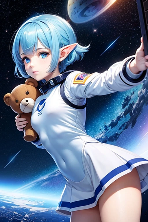 Close-up photo of a young woman, Cartoon girl in space suit with teddy bear, Vertical Anime Skirt, astronaut girl image, Molly Area, Star Guardian inspired, Short light blue hair, blue eyes, Elf race, 