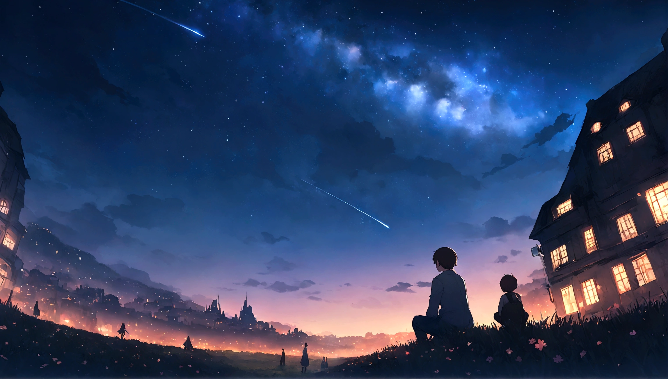 City of night、The sky is wonderful、meteor、3 year old little boy sitting on top of a building、Brown Hair、Back view、The city is bright with streetlights、Landscape Main、highest quality、Anime Scenery、Xin Haichen、building、Field、Milky Way 110207, distant 3 year old little boy staring at the performer，（Zoom out：1.1），（meteor：1.2）、（comet：1.1，yourname、Low Angle、From behind、Alola、shooting star、cherry blossoms、Standing in the Field、highest quality、masterpiece、cloud、colorful、Starry Sky、performer、