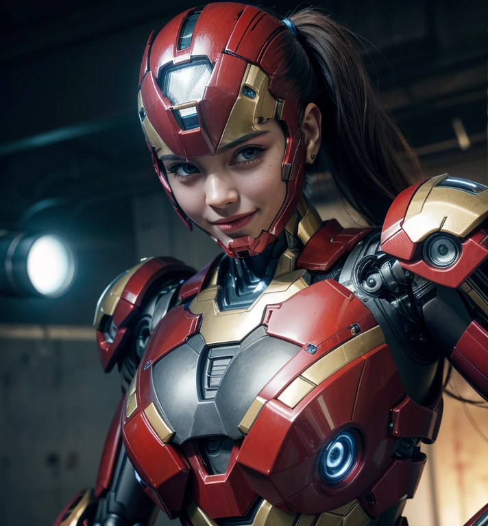 Textured skin, Super Detail, high details, High quality, Best Quality, hight resolution, 1080p, hard disk, Beautiful,(Iron Girl),Beautiful Smile,beautiful cyborg woman,Mecha Cyborg Girl,Battle Mode,Girl with a Mecha Body,She wears an Iron Man mech,A powerful cyborg woman, sleek and futuristic, with advanced mechanical augmentations that enhance her strength and capabilities