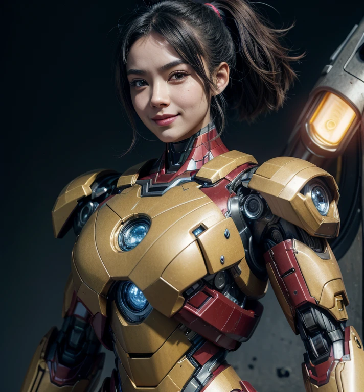 Textured skin, Super Detail, high details, High quality, Best Quality, hight resolution, 1080p, hard disk, Beautiful,(Iron Girl),Beautiful Smile,beautiful cyborg woman,Mecha Cyborg Girl,Battle Mode,Girl with a Mecha Body,She wears an Iron Man mech,A powerful cyborg woman, sleek and futuristic, with advanced mechanical augmentations that enhance her strength and capabilities