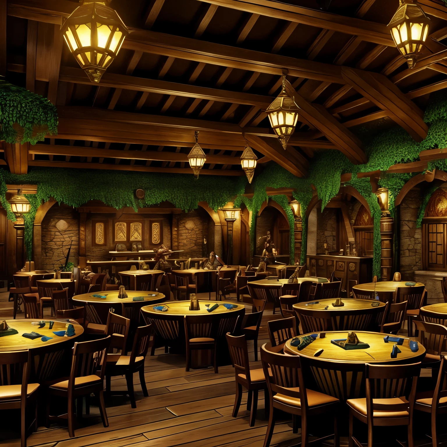 The main hall of a fantasy tavern, people, elves, lizardmen, minotaurs, a bard on the table, realistic picture, high quality, high detail