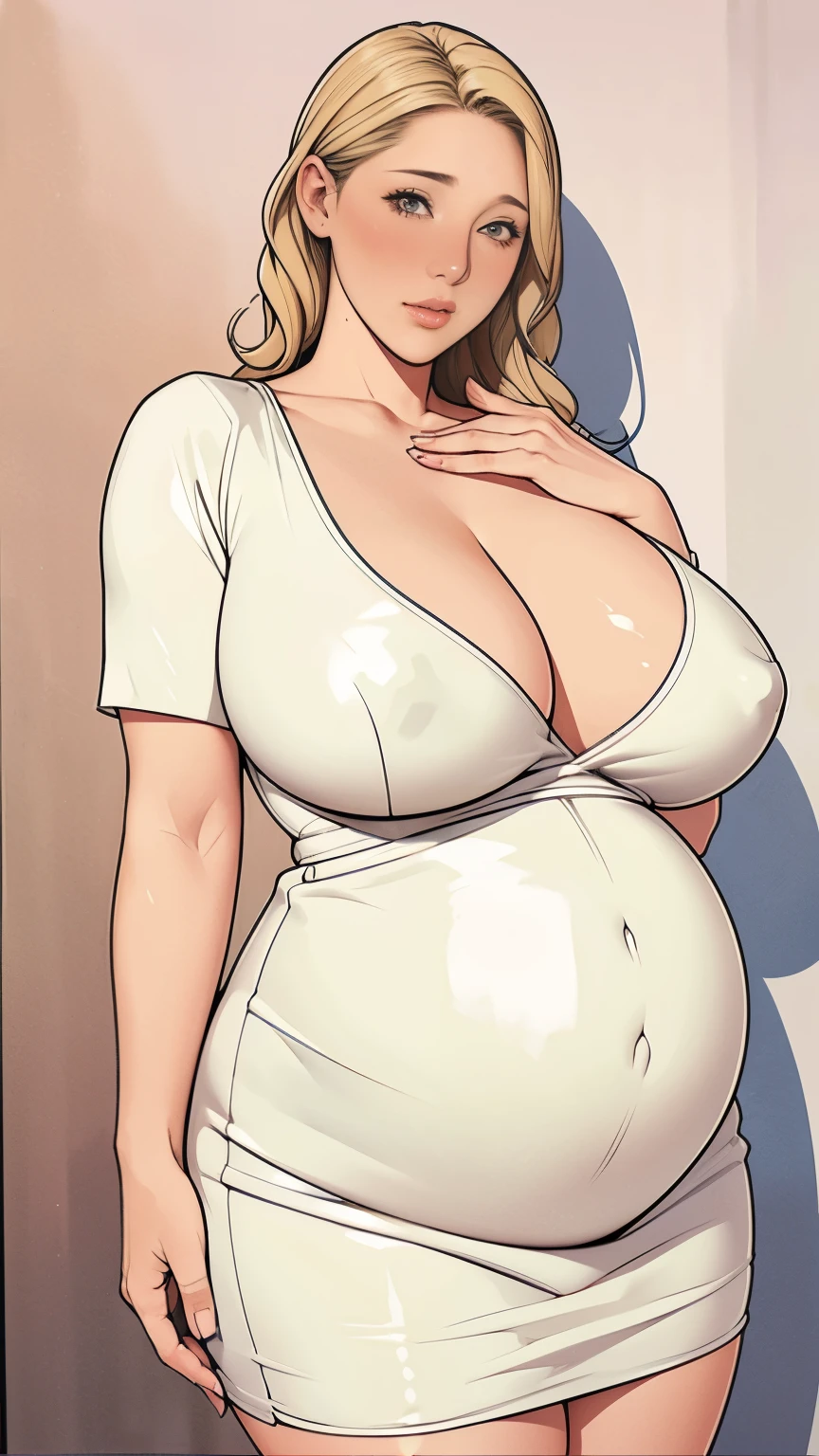 Seeing a mature and plump woman,It's a pregnant woman,Big, round belly:1.2,Plus size,30 years old,tall,blond,fat:1,blush,White dress:1,does not fit,Showing cleavage,Look at the thigh, high quality,4K resolution