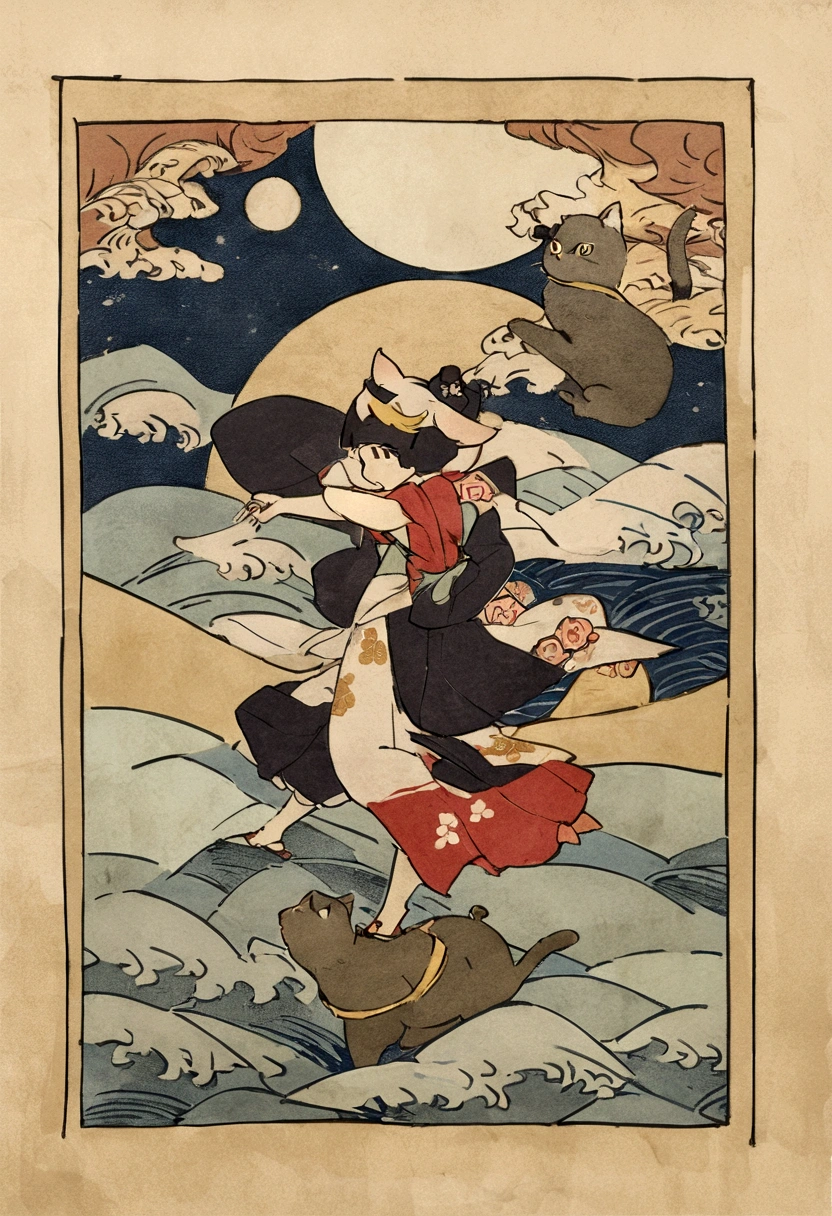 The rough texture of Japanese paper, Hokusai's style, Ukiyo-e, dancing cat girl, (moon viewing), flight, fun and solemn
