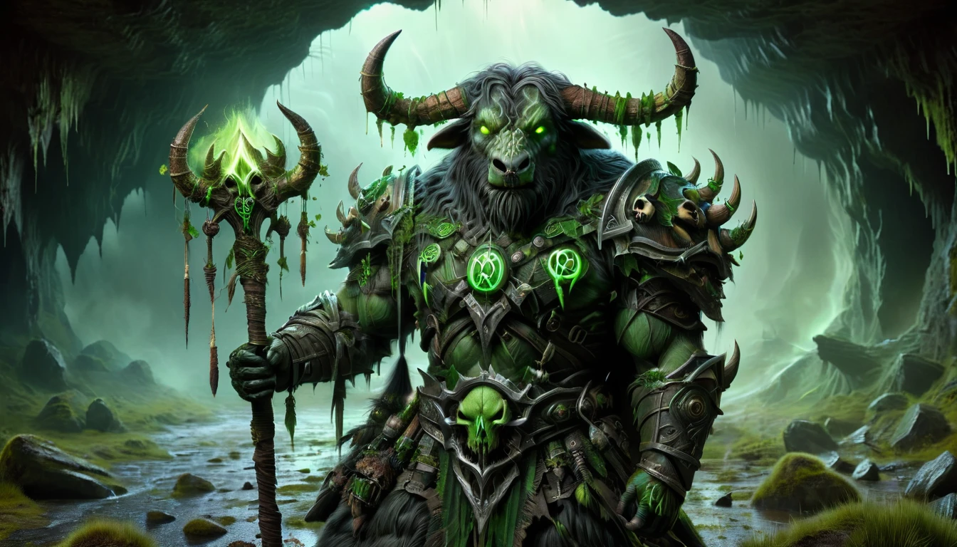 A man with a horned head and green eyes holding a green staff tauren, female tauren death knight, death knight outfit, Heavy armor with skulls, Heavy armor, dark theme, holding a sword in front of his body, war paint on her face, big horns, Standing in a cave, in dripping puddles of glowing green mud, high saturation background