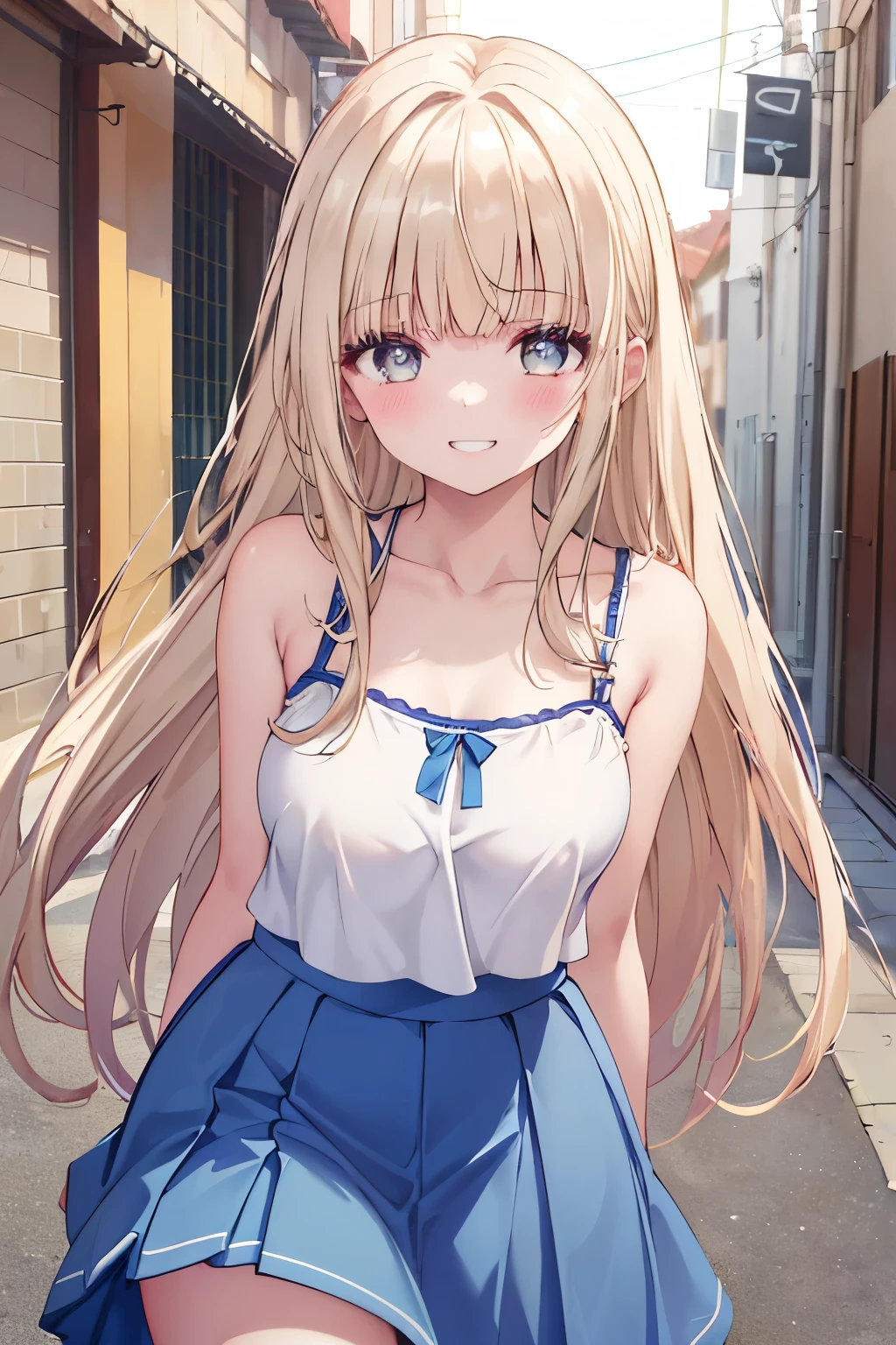 (8K、Highest quality、highest quality、masterpiece)、Detailed face、One girl、、long hair、、blunt bangs、Grey Eyes、smile、((Grin))、Small breasts、((White camisole))、((Blue skirt))、Cowboy Shot、((bent over))、Back Alley Background、Very large breasts Exposing breasts Bare breasts Nipples visible Blushing Embarrassing