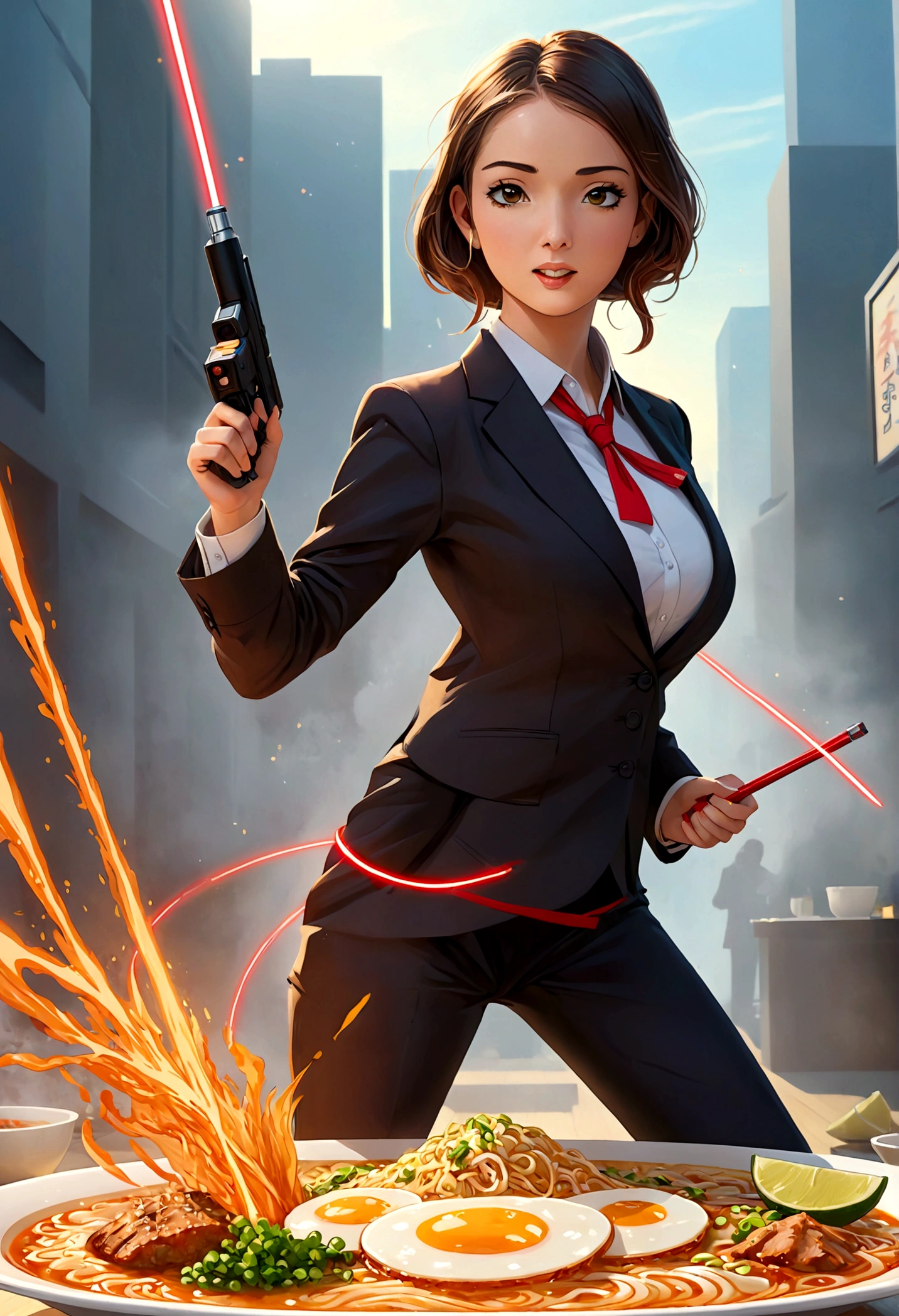 A lovely woman, business attire, confident stance, wielding a laser sword ramen advertisement 'obliterate your hunger'
