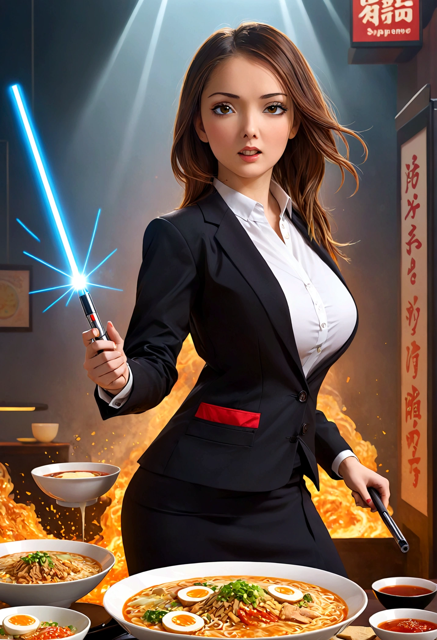 A lovely woman, business attire, confident stance, wielding a laser sword ramen advertisement 'obliterate your hunger'