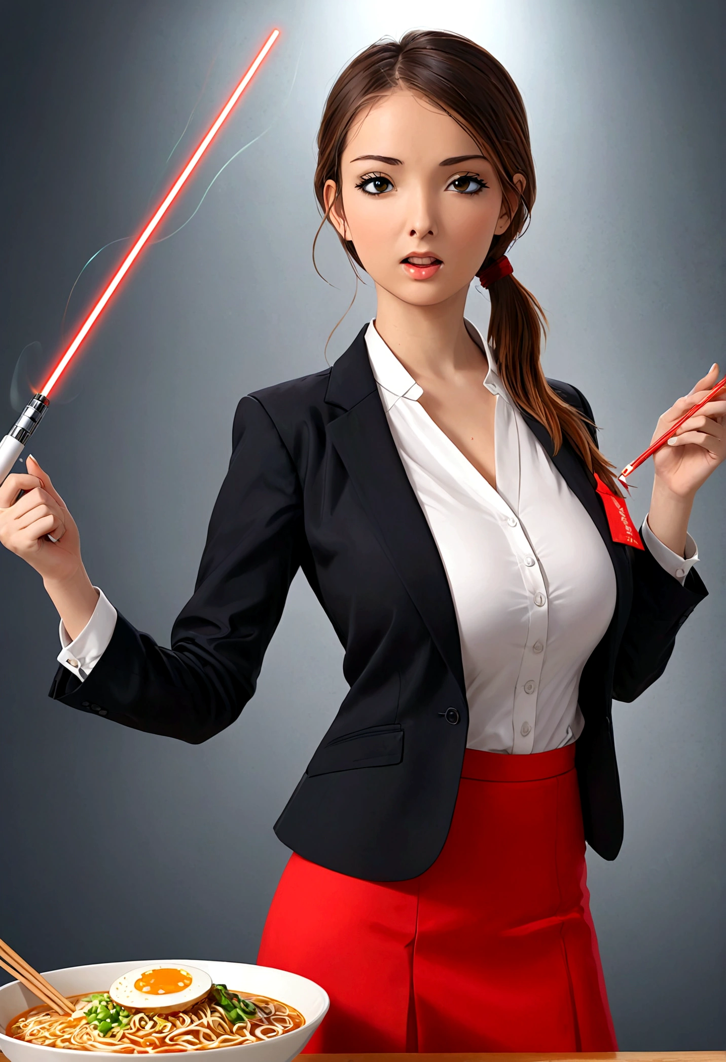 A lovely woman, business attire, confident stance, wielding a laser sword ramen advertisement 'obliterate your hunger'