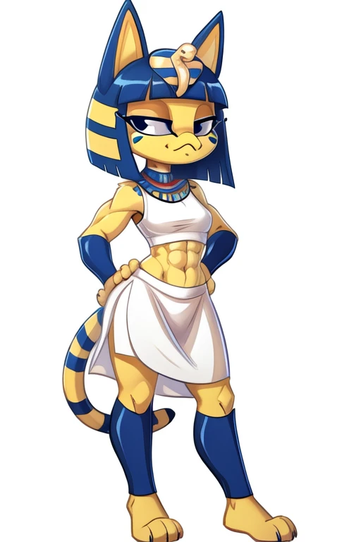 sideview digital artwork of a barefoot ankha with abs wearing a crop top of her white sleeveless dress shirt with long white skirt, she looks very smug, furry style, furry, anthro style