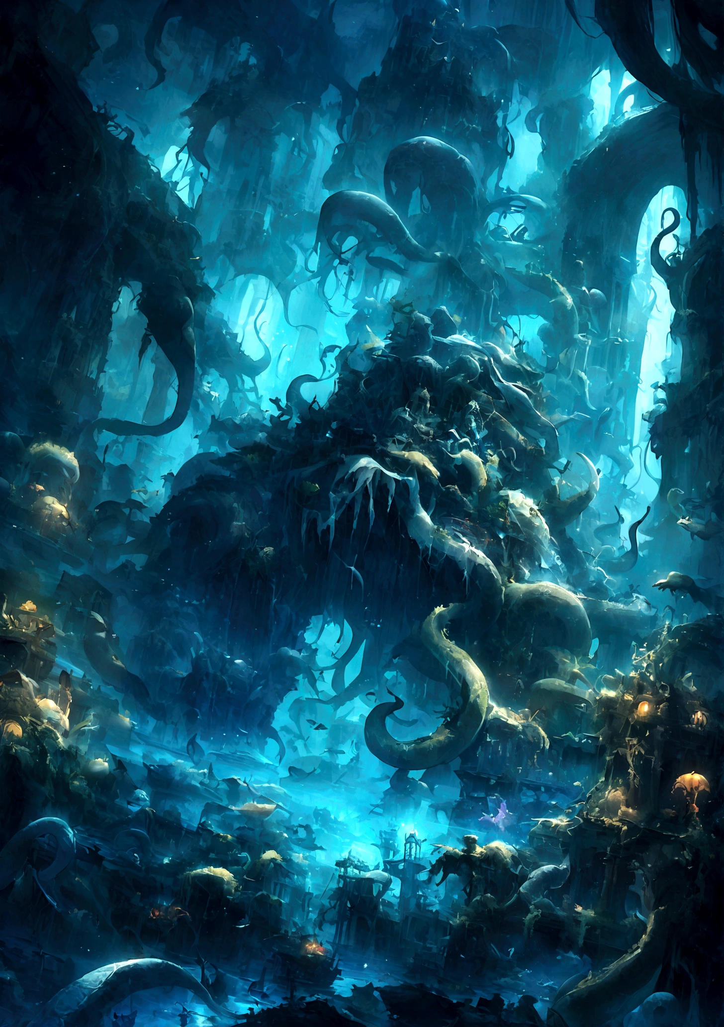 Cthulhu,Mythological Creatures,Tentacles,deep sea,dark,mystery,ancient,remains,mystery符号,mystery光芒,Underwater palace