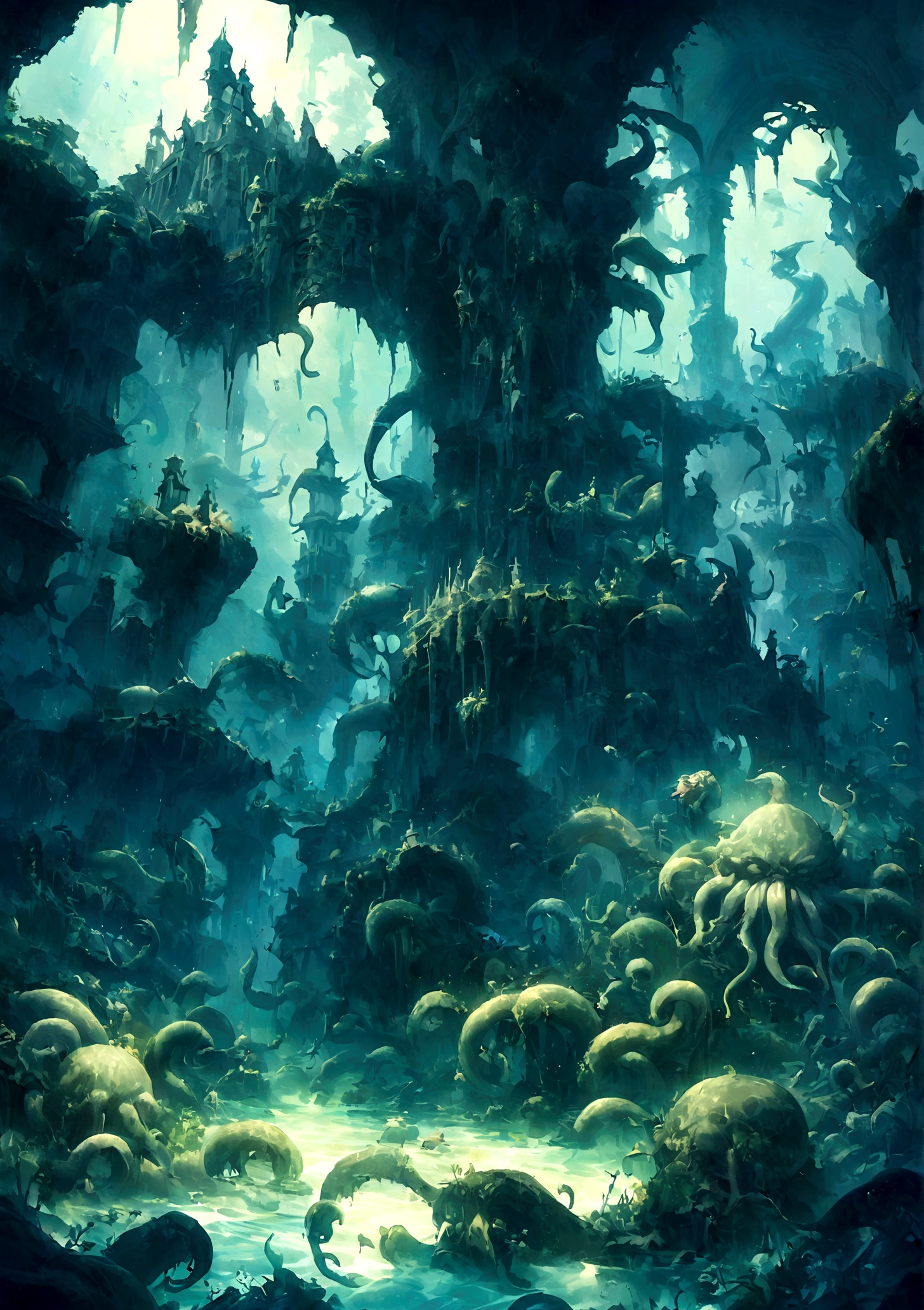 Cthulhu,Mythological Creatures,Tentacles,deep sea,dark,mystery,ancient,remains,mystery符号,mystery光芒,Underwater palace