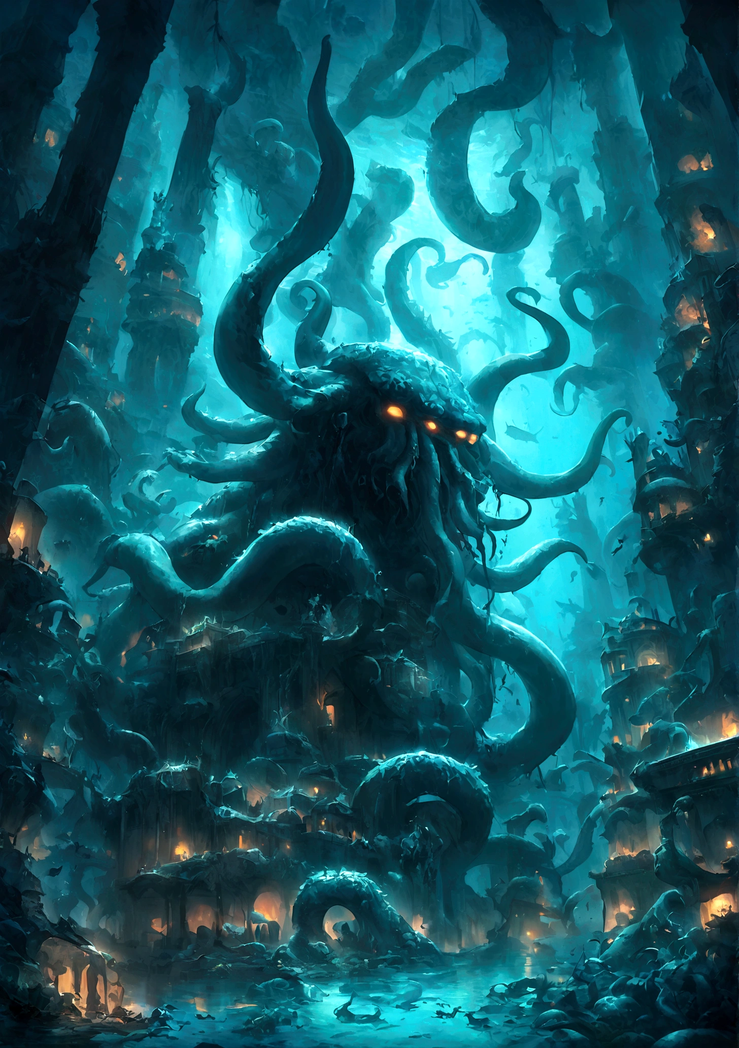 Cthulhu,Mythological Creatures,Tentacles,deep sea,dark,mystery,ancient,remains,mystery符号,mystery光芒,Underwater palace
