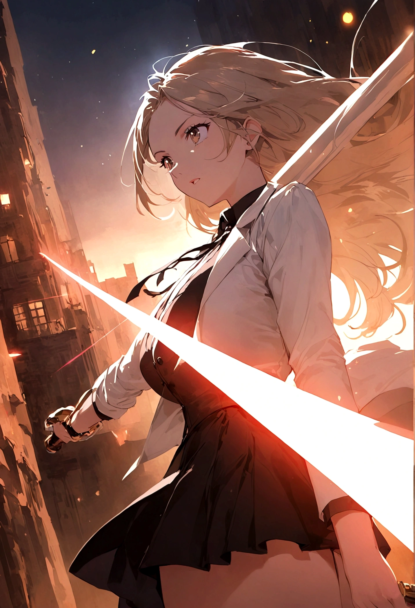 A lovely woman, business attire, confident stance, wielding a laser sword ramen advertisement 'obliterate your hunger'

