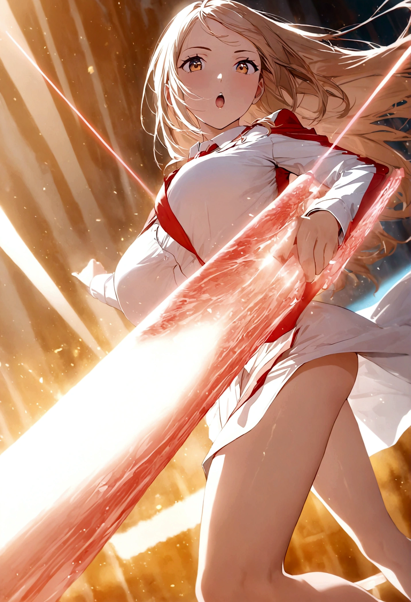 A lovely woman, business attire, confident stance, wielding a laser sword ramen advertisement 'obliterate your hunger'
