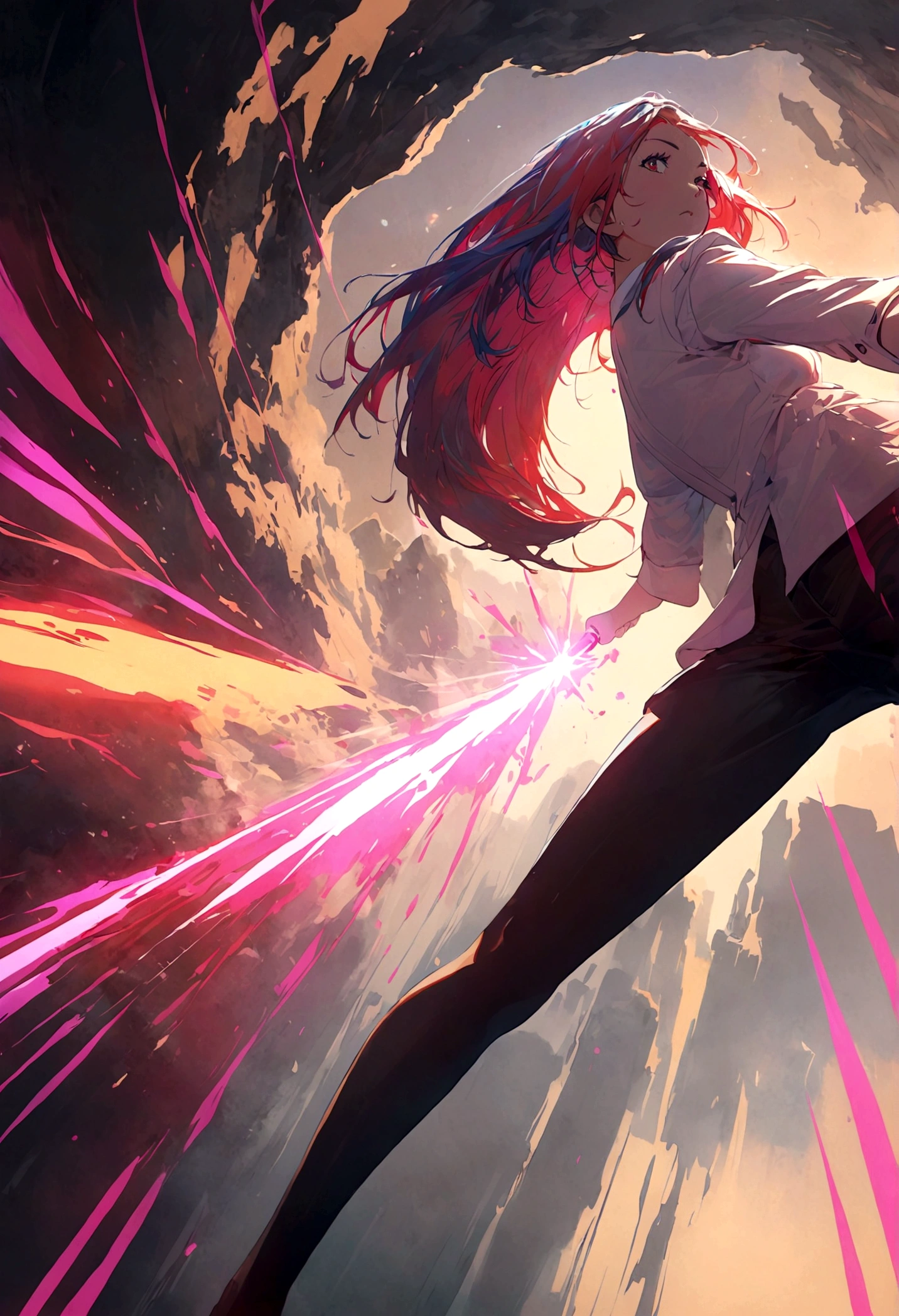 A lovely woman, business attire, confident stance, wielding a laser sword ramen advertisement 'obliterate your hunger'