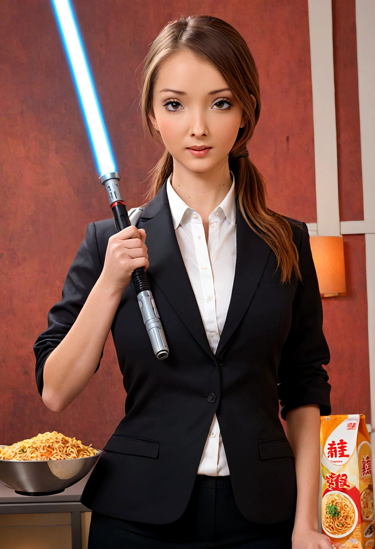 A lovely woman, business attire, confident stance, wielding a laser sword ramen advertisement 'obliterate your hunger'