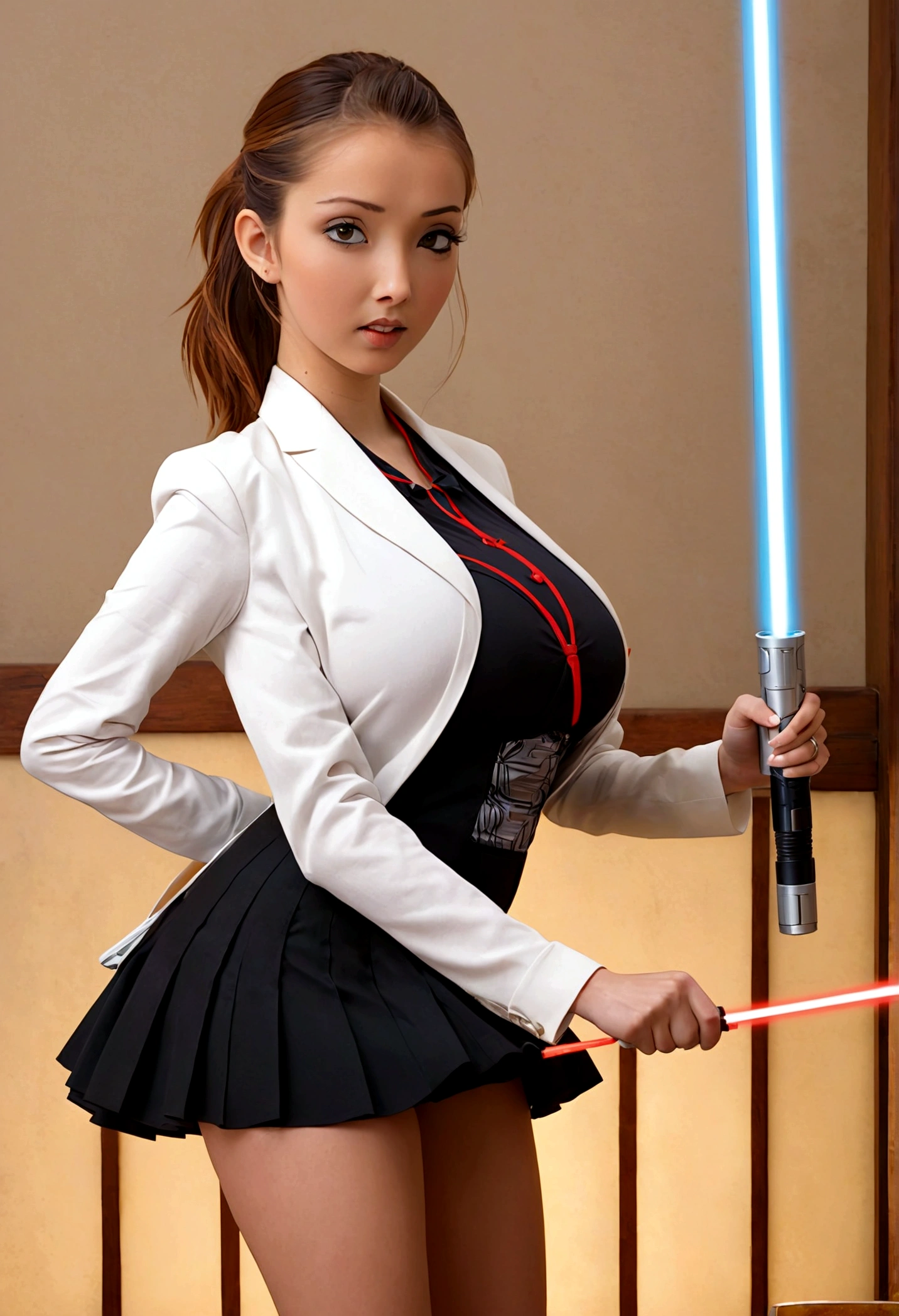 A lovely woman, business attire, confident stance, wielding a laser sword ramen advertisement 'obliterate your hunger'