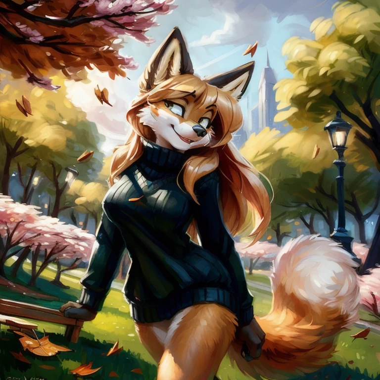 averi, fox girl, flat chest, chest fluff, night, anthro fox girl, body fur, curvy, sexy, nice, cute, hot, sensual, detailed, uploaded to e621, beautiful and detailed portrait of an anthropomorphic vixen ((female))) kenket, Ross Tran, ruan jia, uploaded to e621, zaush, foxovh, film lighting, extremely large black sweater, park, cherry blossom ((falling leaves))