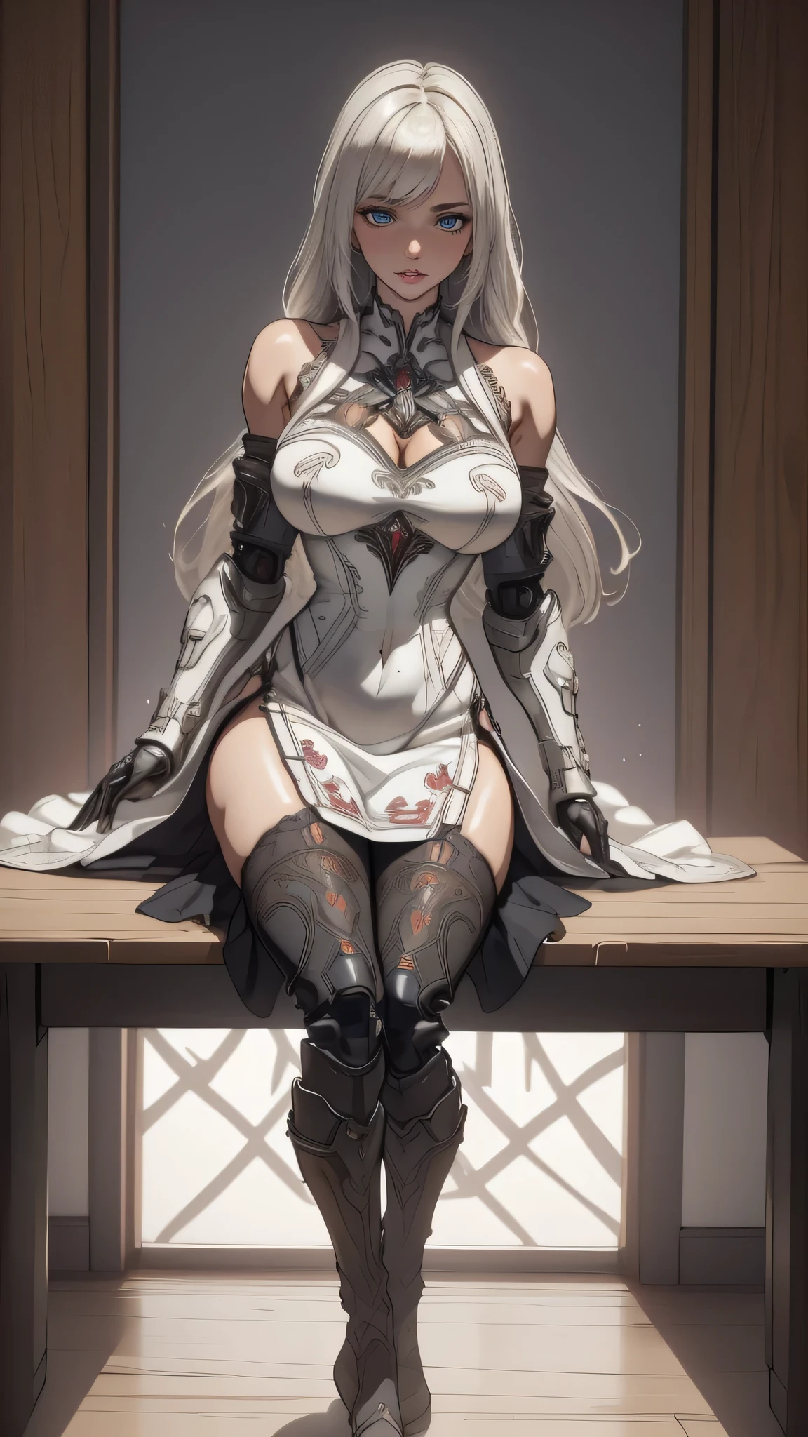 (dynamic porn pose:1.2),(leather boots,(asymmetrical mecha armor),(long embroidered white lace dress,see through,lift up the hem of the dress)),(random hairstyle),(Thin type:1.8),(large breasts),(Highest image quality,(8K), Ultra-realistic, Best Quality, High quality, High Definition, high quality texture, high detailing, Beautiful detailed, fine detailed, extremely details CG, Detailed texture, realistic representation of face, masterpiece, presence)