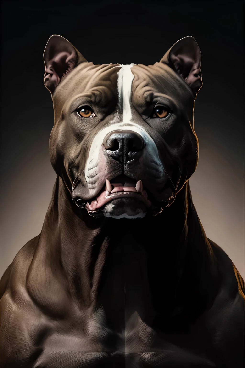 Image of an American Bully dog with a palette of 4 colors, with half of the face in skeleton, make it look realistic, with broken glass details, on black background