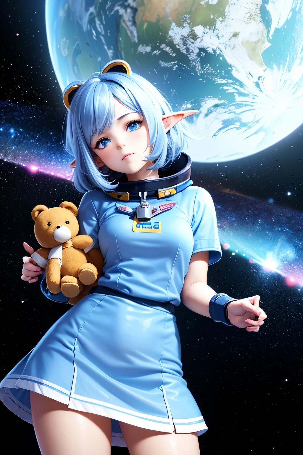 Close-up photo of a young woman, Cartoon girl in space suit with teddy bear, Vertical Anime Skirt, astronaut girl image, Molly Area, Star Guardian inspired, Short light blue hair, blue eyes, Elf race, 