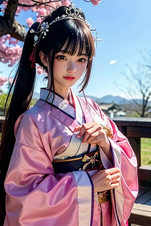 goddess 12unlined kimono The color is lustrous upright Joining hands in prayer looking at the camera Background is cherry blossoms Front view tiara Upper Body big