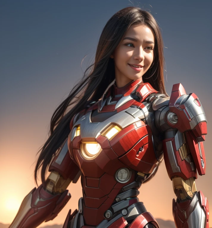 Textured skin, Super Detail, high details, High quality, Best Quality, hight resolution, 1080p, hard disk, Beautiful,(Iron Girl),Beautiful Smile,beautiful cyborg woman,Mecha Cyborg Girl,Battle Mode,Girl with a Mecha Body,She wears an Iron Man mech,A powerful cyborg woman, sleek and futuristic, with advanced mechanical augmentations that enhance her strength and capabilities