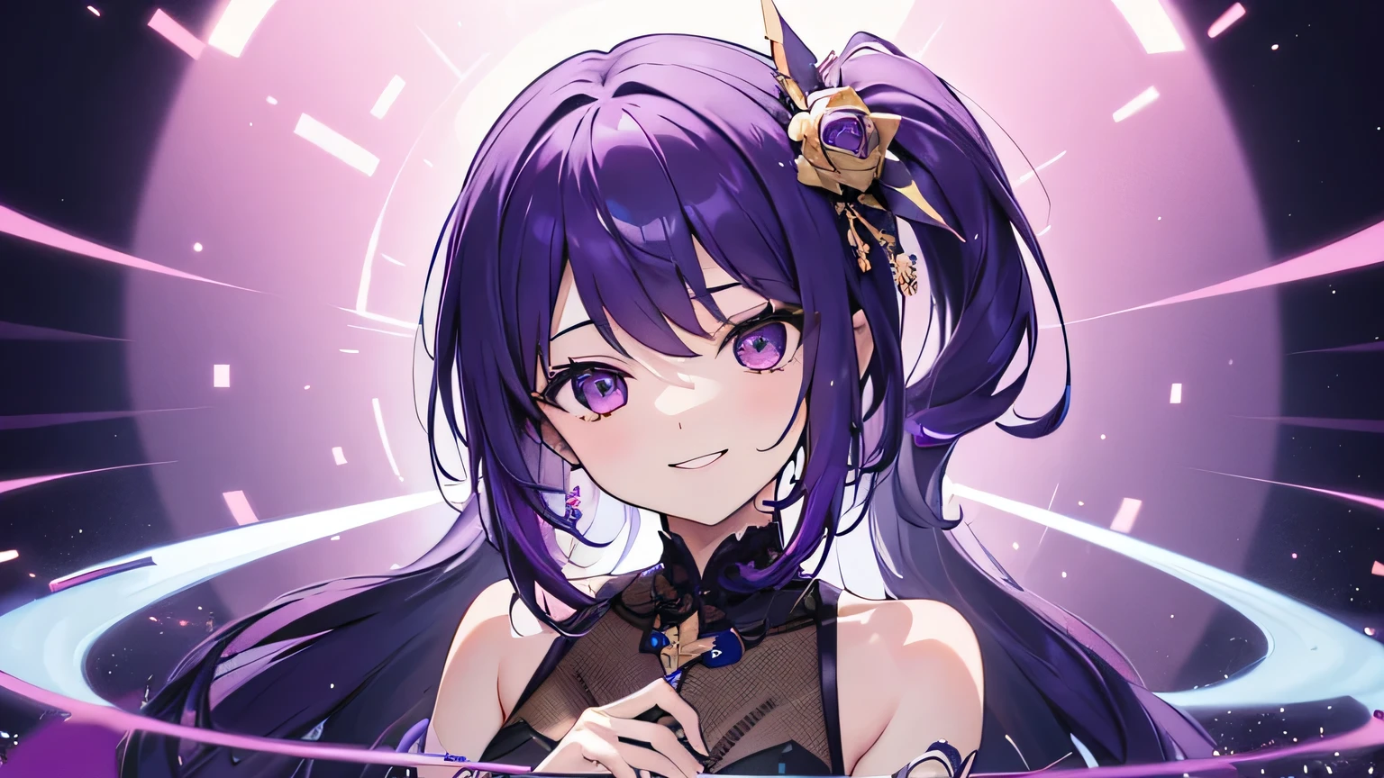 (T Masterpiece，4K wallpaper，Best Quality))、((girl１people))、(solo)、Bright and Brilliant，(Purple Hair)、(Shortcuts:1.3)、smile、Idol、Song、stage
