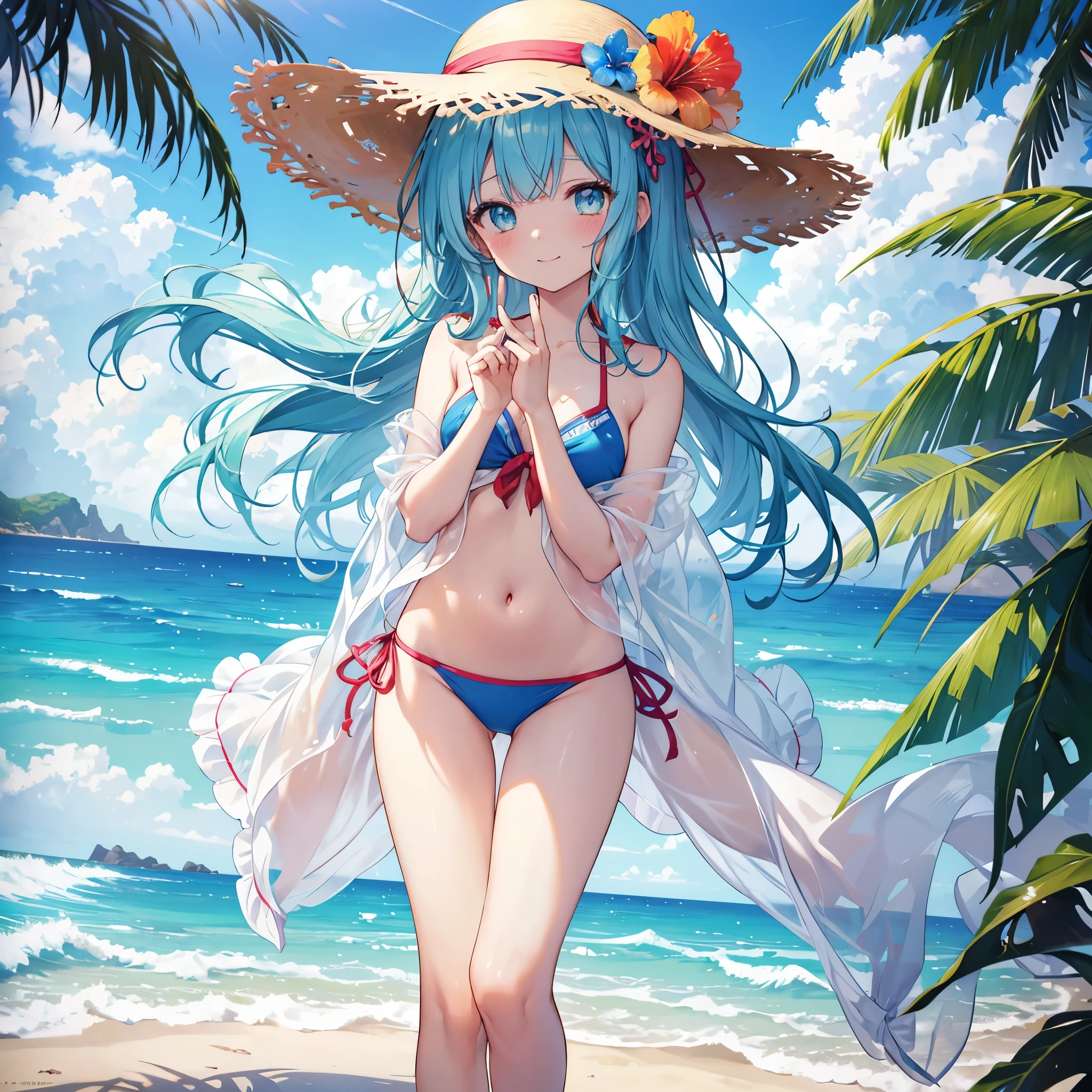 Tropical Dream Bud,Tropical Dream Bud ,Brown Hair,Long Hair,Green Eyes,Big straw hat,smile,blush,Hibiscus hair accessory,Blue bikini swimsuit,barefoot,ビーチのSandy Beachを散歩しながら,Sky blue hair swaying in the wind,Sandy Beachに座ってる, Take a break outdoors, Sandy Beach,Destroy the beach (masterpiece:1.2), highest quality, High resolution, unity 8k wallpaper, (shape:0.8), (Narrow and beautiful eyes:1.6), Highly detailed face, Perfect lighting, Highly detailed CG, (Perfect hands, Perfect Anatomy),