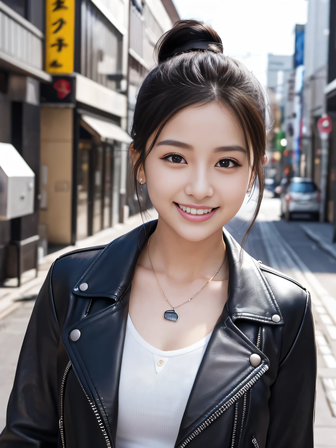 Ultra-high resolution, Superior Quality, highest quality, Very detailed, Realistic, 8k, RAW Photos, highest quality, masterpiece, Attractive girl, Awesome girl, Black Hair、Hairstyle bun、Japanese Idols, Sophisticated, stylish, leather jacket、shirt、smile、Beautiful teeth alignment、ear piercing、Necklace around the neck、The background is the city
