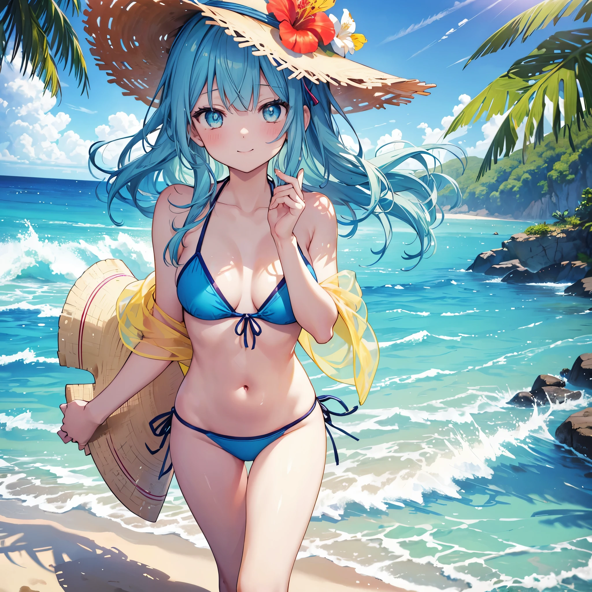 Tropical Dream Bud,Tropical Dream Bud ,Brown Hair,Long Hair,Green Eyes,Big straw hat,smile,blush,Hibiscus hair accessory,Blue bikini swimsuit,barefoot,ビーチのSandy Beachを散歩しながら,Sky blue hair swaying in the wind,Sandy Beachに座ってる, Take a break outdoors, Sandy Beach,Destroy the beach (masterpiece:1.2), highest quality, High resolution, unity 8k wallpaper, (shape:0.8), (Narrow and beautiful eyes:1.6), Highly detailed face, Perfect lighting, Highly detailed CG, (Perfect hands, Perfect Anatomy),