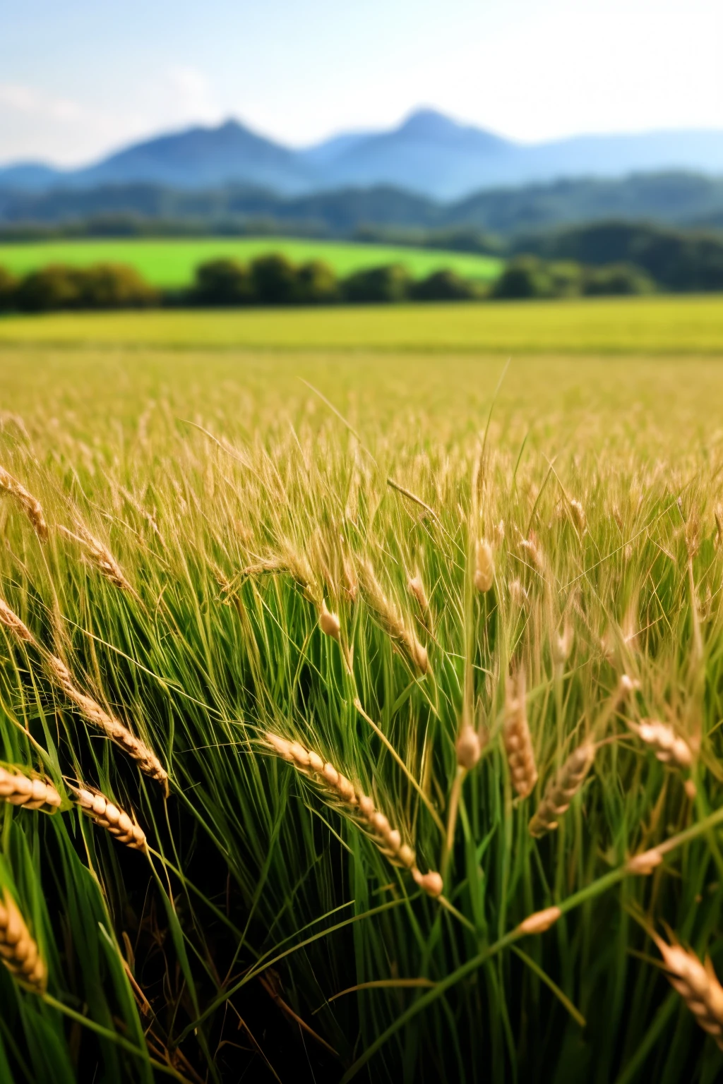 Looking up, [blue_sky: paddy_field: 12:3:5],Spring, green wheat ears, endless fields, depth of field, distant peaks, close-up, illustration style, day, sun,