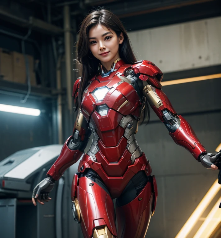Textured skin, Super Detail, high details, High quality, Best Quality, hight resolution, 1080p, hard disk, Beautiful,(Iron Girl),Beautiful Smile,beautiful cyborg woman,Mecha Cyborg Girl,Battle Mode,Girl with a Mecha Body,She wears an Iron Man mech,A powerful cyborg woman, sleek and futuristic, with advanced mechanical augmentations that enhance her strength and capabilities