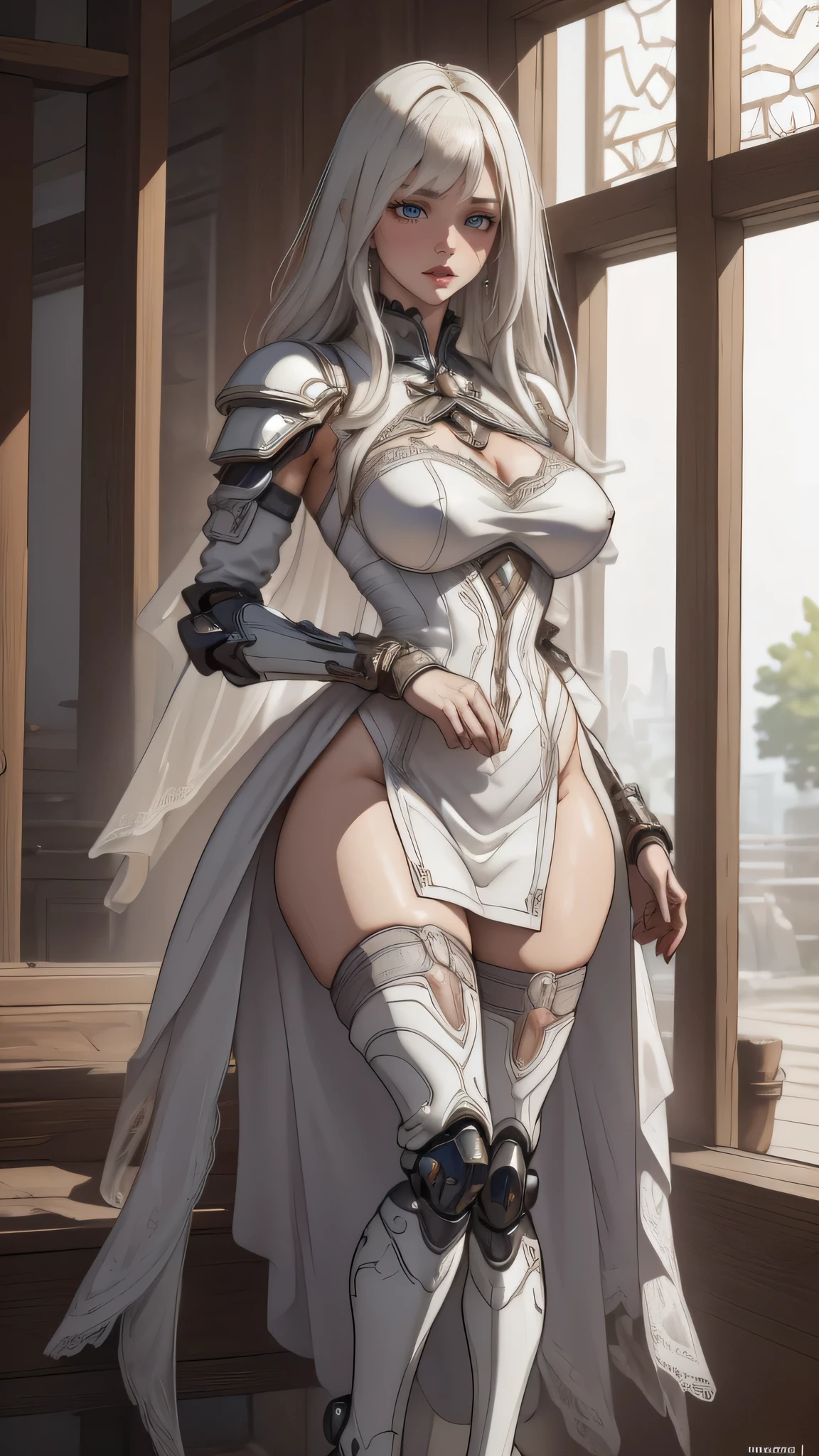 (dynamic porn pose:1.2),(leather boots,(asymmetrical mecha armor),(long embroidered white lace dress,see through,lift up the hem of the dress)),(random hairstyle),(Thin type:1.8),(large breasts),(Highest image quality,(8K), Ultra-realistic, Best Quality, High quality, High Definition, high quality texture, high detailing, Beautiful detailed, fine detailed, extremely details CG, Detailed texture, realistic representation of face, masterpiece, presence)