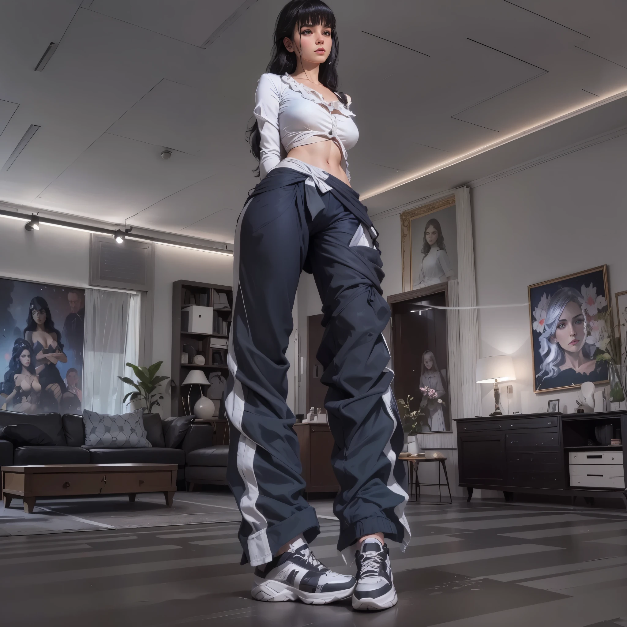 (foco frontal),(no escuro:1.6), Retrato hiper-realista de mulher por David Hockney e Alphonse Mucha,arte de fantasia, fotografiarealista, dynamic lighting, art stations, poster for, volumetric lighting, rosto extra detalhado, 4K, premiado,, 1 garota em,tiny chest, no escuro, sombra profunda, sutil,tiro de vaqueiro,(roupa oficial:1.4) ,cabelo longo,cabelo branco,tornozelos finos,pernas finas,saia de couro,