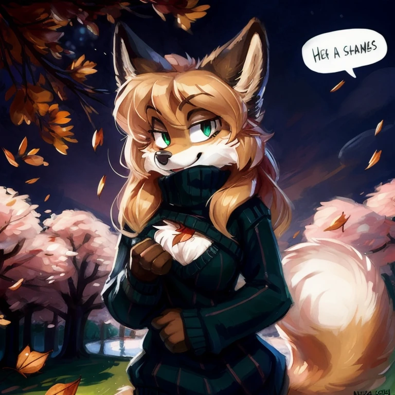 averi, fox girl, flat chest, chest fluff, night, anthro fox girl, body fur, curvy, sexy, nice, cute, hot, sensual, detailed, uploaded to e621, beautiful and detailed portrait of an anthropomorphic vixen ((female))) kenket, Ross Tran, ruan jia, uploaded to e621, zaush, foxovh, film lighting, extremely large black sweater, park, cherry blossom ((falling leaves)), heart, hearts, speech bubble