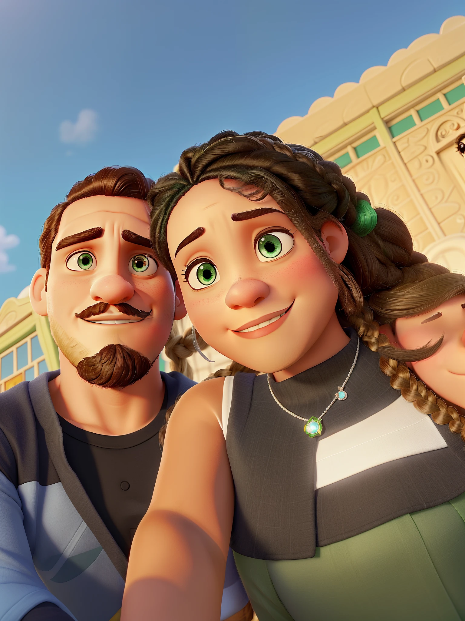 casal romantico, homem branco olhos verdes, cabelo curto penteado para o lado, bigode e cavanhaque e mulher negra olhos castanhos escuros, hair with braids like the Disney Pixar films in the background Hogwarts from the film Harry Potter 