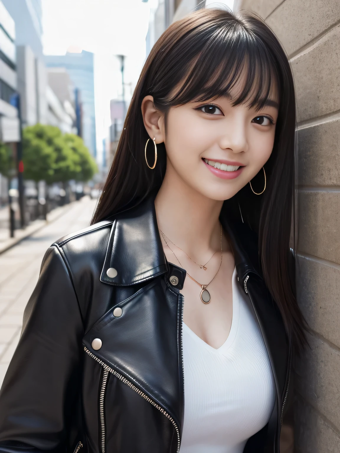 Ultra-high resolution, Superior Quality, highest quality, Very detailed, Realistic, 8k, RAW Photos, highest quality, masterpiece, Attractive girl, Awesome girl, Black Hair、Japanese Idols, Sophisticated, stylish, leather jacket、shirt、smile、Beautiful teeth alignment、ear piercing、Necklace around the neck、The background is the city