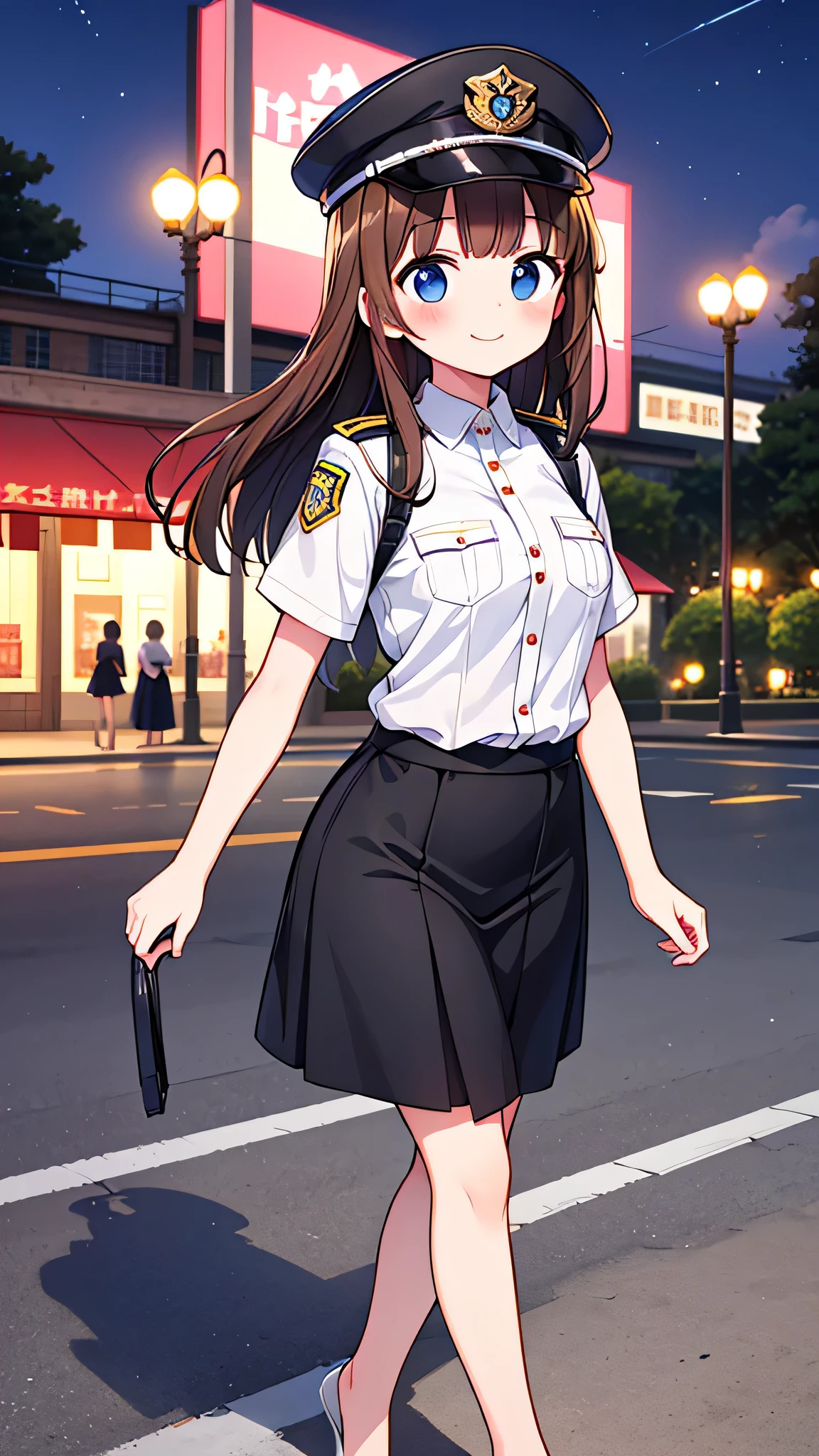 {highest quality], [Super beautiful], [Ultra fine], [Best illustration], NSFW,Brown Hair, Hime cut, Long Hair, With bangs, girl, Uniform cap,Security uniform, smile, blush, Slender women,Short sleeve,Long straight skirt, Adult women,walk,(Public）Night Park, diagonal,Bare feet and pumps, Plain black pumps
