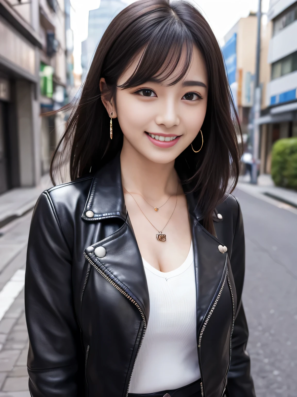 Ultra-high resolution, Superior Quality, highest quality, Very detailed, Realistic, 8k, RAW Photos, highest quality, masterpiece, Attractive girl, Awesome girl, Black Hair、Japanese Idols, Sophisticated, stylish, leather jacket、shirt、smile、Beautiful teeth alignment、ear piercing、Necklace around the neck、The background is the city